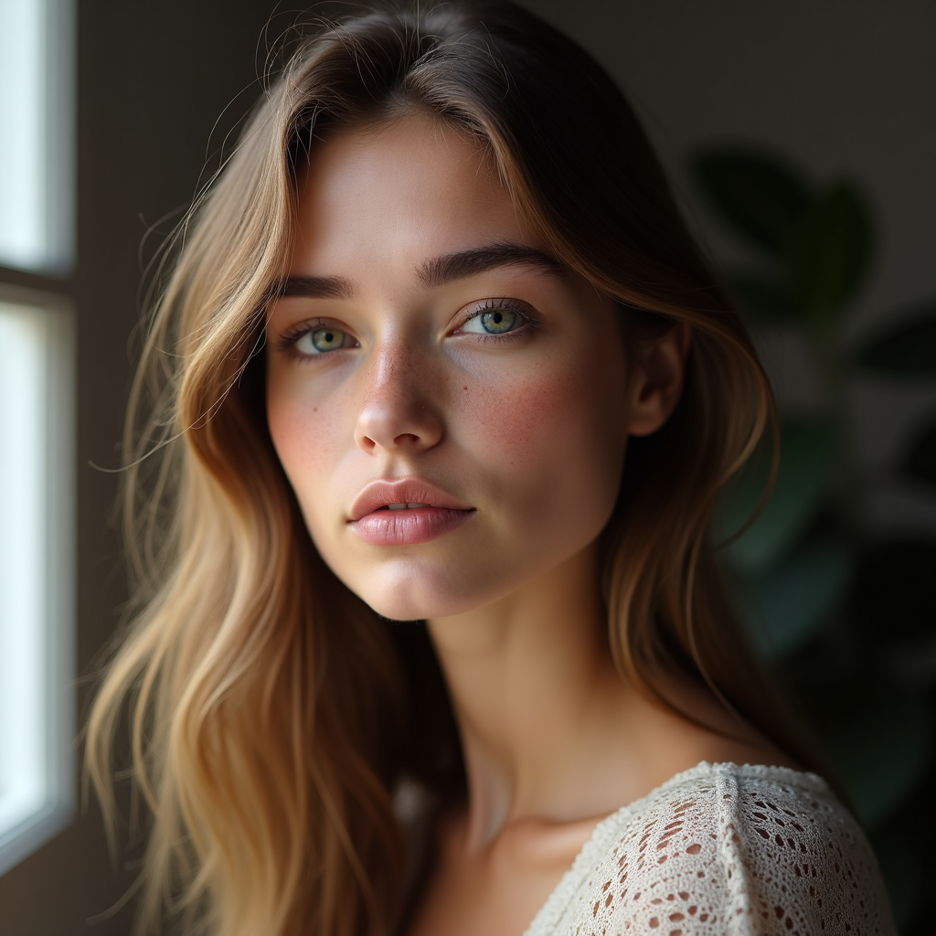 OrbitQuant W4A4 (FLUX): studio portrait of a young woman with freckles
